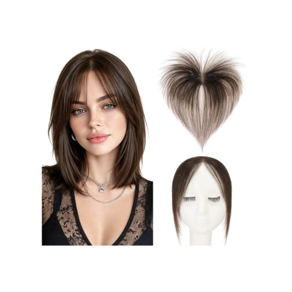 Hairro Real Human Hair Clip In Bangs #02 Dark Brown Wispy Side Swept Mini Topper